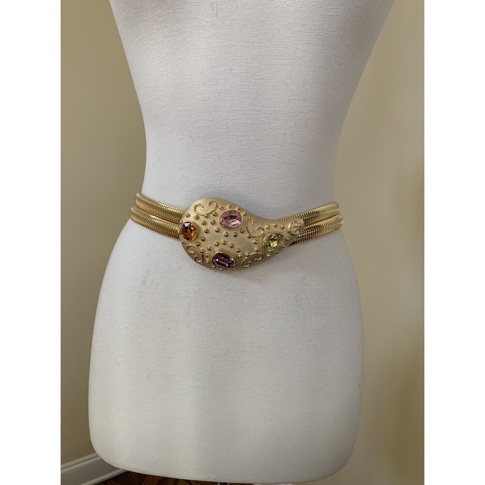 Vintage Gold  Double Chain Link Belt Embellished Semi Precious Stones Small